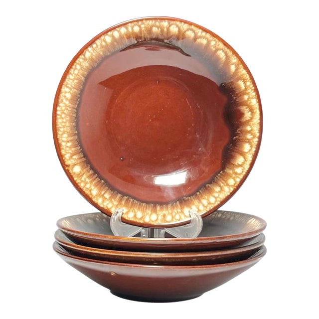 1960s American Hull Pottery “Brown Drip” Shallow Soup or All Purpose Bowls - Set of 4 For Sale
