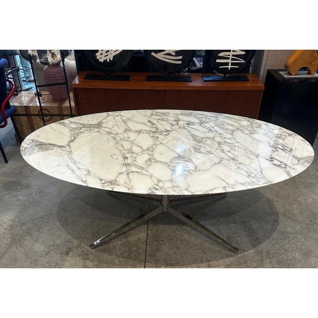 Florence Knoll Oval Carrara Marble Dining Table, Signed Stainless Steel Base For Sale - Image 9 of 12