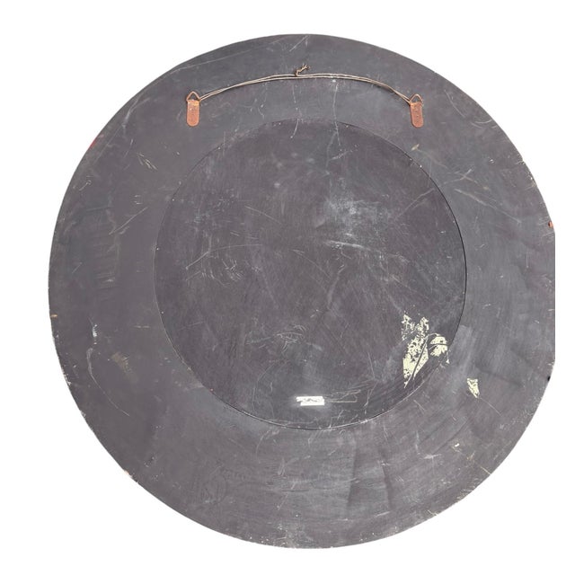 Vintage Red & Tan Leather Round Wall Mirror Sculptural Accent 36” For Sale In West Palm - Image 6 of 6