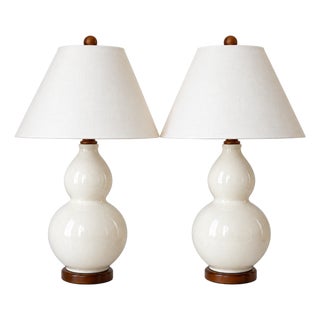 Ralph Lauren White Glazed Ceramic Crackle Double Gourd Ginger Jar Lamps - Pair For Sale