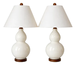 Ralph Lauren White Glazed Ceramic Crackle Double Gourd Ginger Jar Lamps - Pair