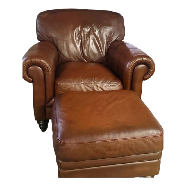 Natuzzi Maturità Italian Cognac Leather Armchair & Ottoman – Made in Italy For Sale