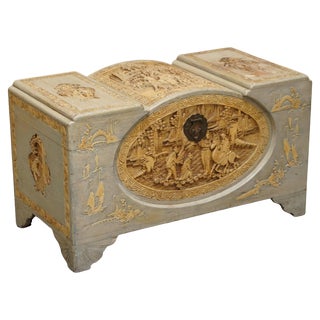 Antique Chinese Export Heavily Carved Camphor Wood Linen Toy Chest, 1920s For Sale