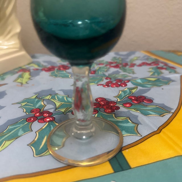 Italian Vintage Murano-Style Venetian Teal Blue Cordial Glass With 24k Gold Gilt & Red Gem Accents For Sale - Image 3 of 5
