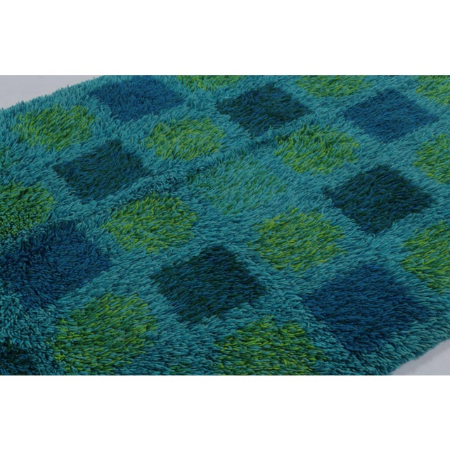 Rug & Kilim Vintage Swedish Rya Rug, Teal With Color-Block Checkerboard - Rug & Kilim For Sale - Image 4 of 8
