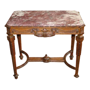 Carved Oak Louis XVI Style Marble Top Occasional Table by Karpen