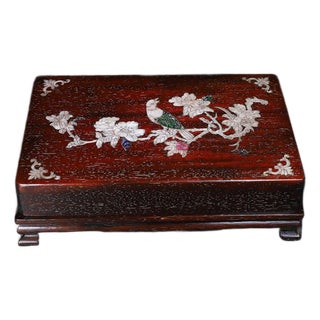 Late 20th Century Wooden Lidded Box With Mother-of-Pearl Bird and Floral Inlay For Sale