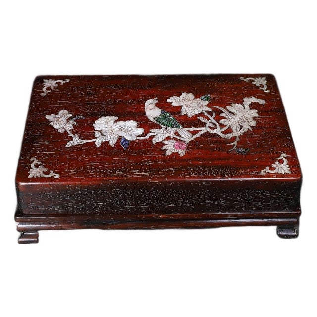 Late 20th Century Wooden Lidded Box With Mother-of-Pearl Bird and Floral Inlay For Sale