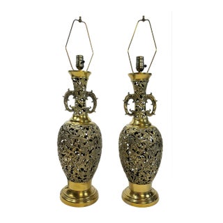 Vintage Reticulated Brass Filigree Table Lamps, Pair For Sale
