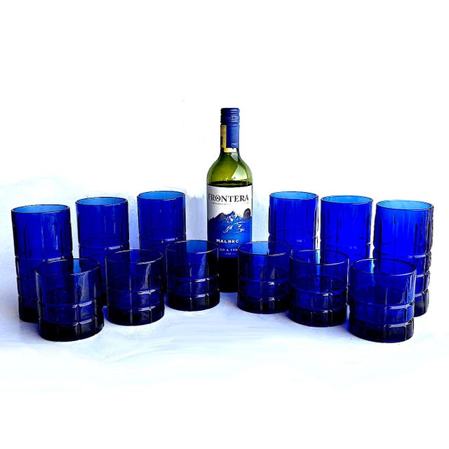 Mid-Century Modern Vintage Anchor Hocking Tartan Cobalt Tumblers in 2 Sizes, Set of 12 For Sale - Image 3 of 9