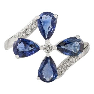 14k Gold 1.58 Ct Floral Sapphire Diamond Bypass Art Deco Ring Size 5.5 For Sale