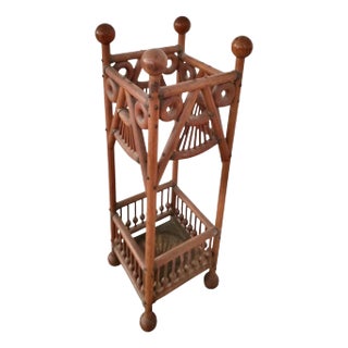 Antique Victorian Oak Stick & Ball Umbrella & Cane Stand With Original Brass Drip Tray For Sale