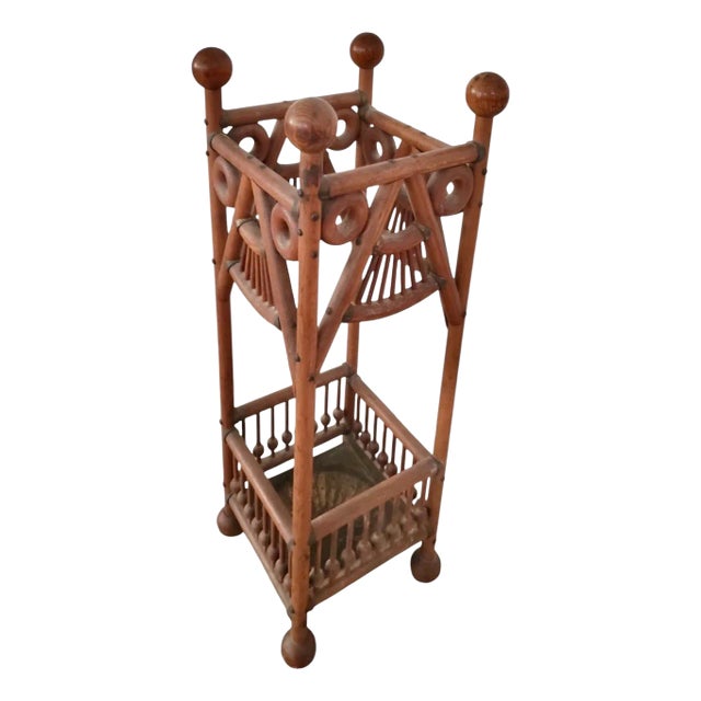 Antique Victorian Oak Stick & Ball Umbrella & Cane Stand With Original Brass Drip Tray For Sale