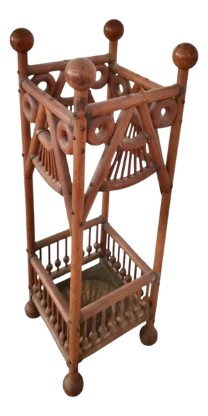 Antique Victorian Oak Stick & Ball Umbrella & Cane Stand With Original Brass Drip Tray