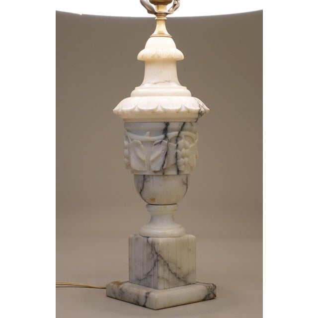 Neoclassical Urn Carved Grapes Leaves Carrara Marble Brass Table Lamp 1930's Italy For Sale In Los Angeles - Image 6 of 13