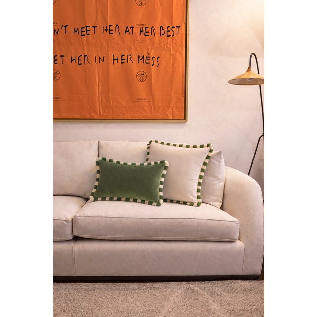 Contemporary Bicolor Happy Cushion in Green Velvet with Green and White Fringes from Lo Decor For Sale - Image 3 of 4