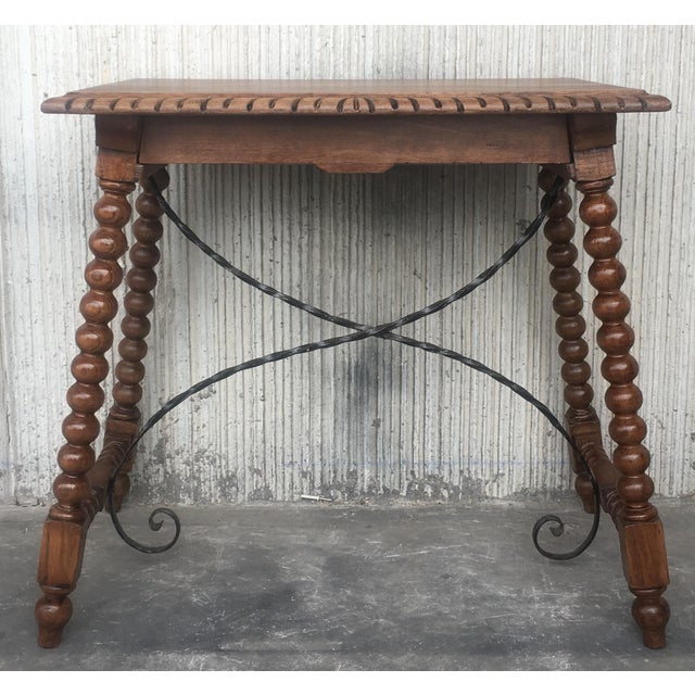 19th Century Spanish Farm Table with Iron Stretchers, Hand Carved Top and Drawer For Sale - Image 18 of 18