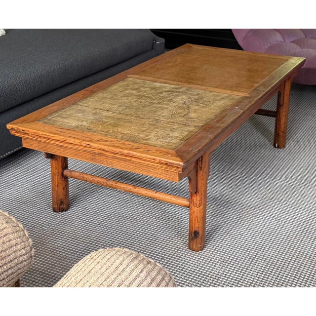 Antique Chinese Ming Style Leather Top Elm Coffee or Cocktail Table.