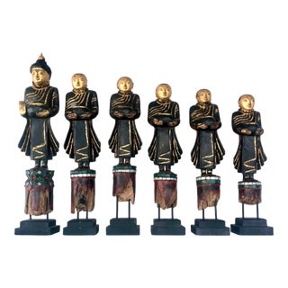 Set of Six Antique Burmese Mandalay-Style Lacquered Wood Buddhist Temple Figures For Sale