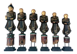 Set of Six Antique Burmese Mandalay-Style Lacquered Wood Buddhist Temple Figures