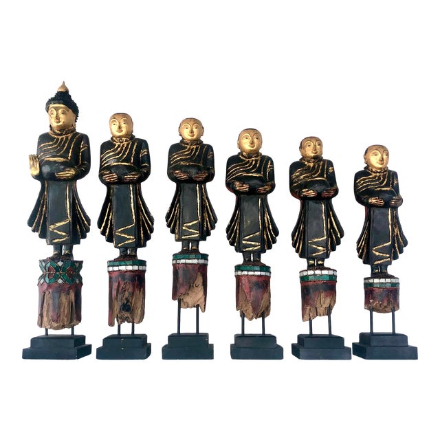 Set of Six Antique Southeast Asian Lacquered Wood Buddhist Temple Figures For Sale