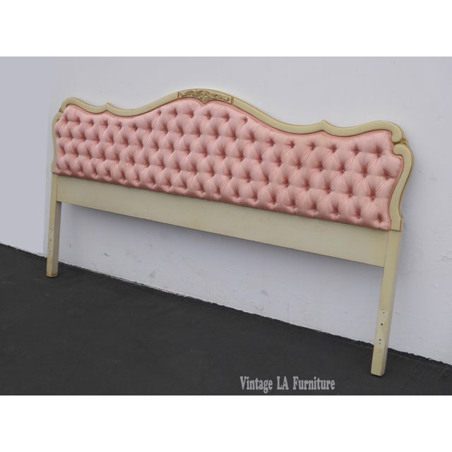 Vintage French Provincial Tufted Pink Silk & Carved Wood Headboard