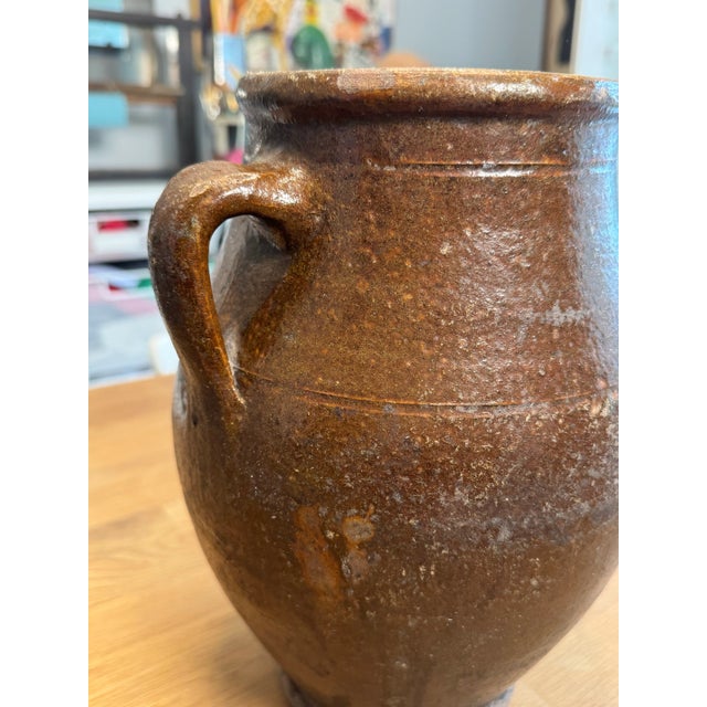 Vintage Rustic European Glazed Double Handle Terra Cotta Chocolate Brown Vase For Sale In Houston - Image 6 of 9