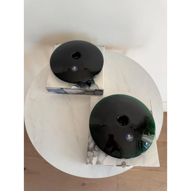 Royal Copenhagan Pair of Royal Copenhagen Per Lütken Dark Green Glass Disk Candlesticks – Danish Modern – Original Boxes For Sale - Image 4 of 9
