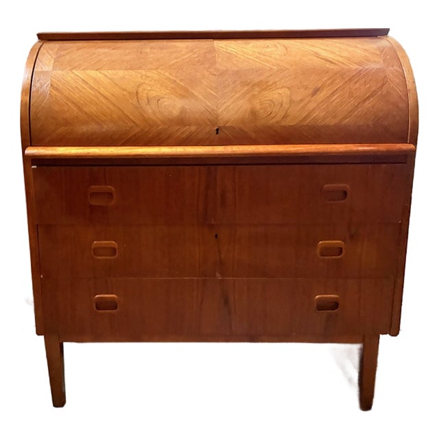 Mid Century Swedish Bookmatched Teak Roll Top Secretary Desk by Egon Ostergaard for Smi, Signed For Sale