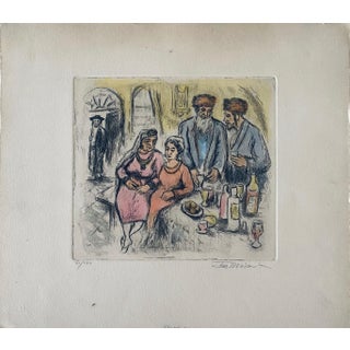 Ira Moskowitz, Judaica interior scene etching with hand coloring For Sale