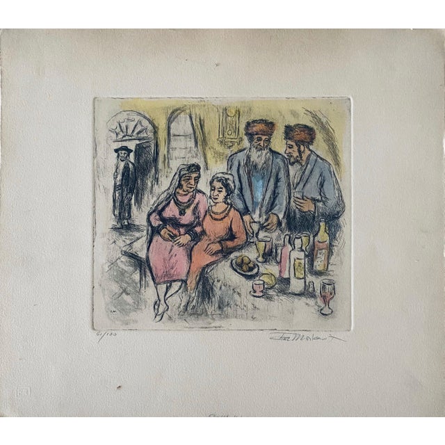 Ira Moskowitz, Judaica interior scene etching with hand coloring For Sale