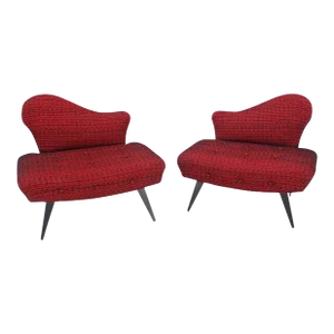 Red Upholstery Mid Century Modern Fireside Slipper Lounge Chairs Camel Back - A Pair