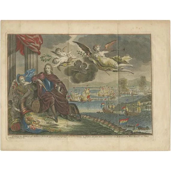 Simon Fokke after Jan de Baen, Raid on the Medway, England, 1790s, Hand-Colored Engraving For Sale