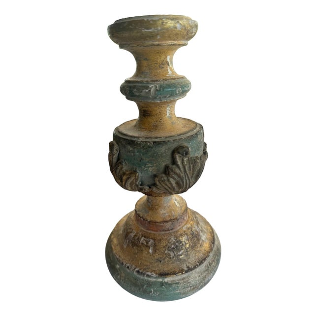 Perfectly charming Italian Carved Wood Candlesticks Pair. Incredible amount of authentic old world charm and patina. Gold...