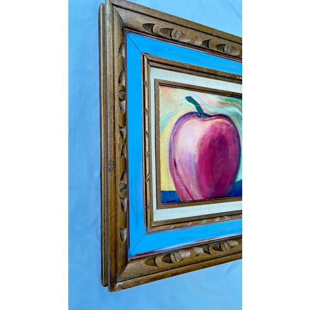 French Country Post Modern Still Life, "Apple" Oil on Canvas With Carved Wood Frame For Sale - Image 3 of 7