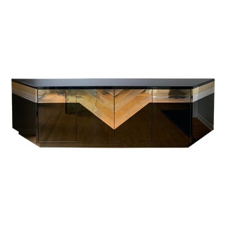 Monumental Sideboard in Smoked Glass and Brass After Willy Rizzo For Sale