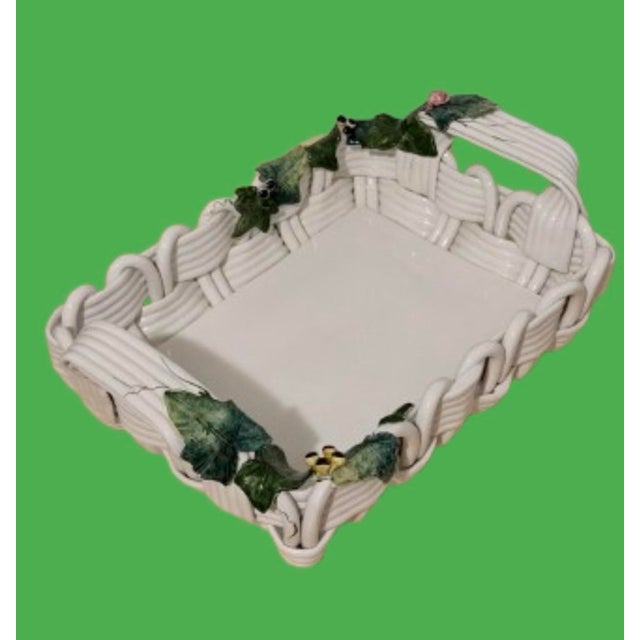 Hollywood Regency Mid 20th Century Italian Majolica Center Piece in the Form of a Large Basket Weave. For Sale - Image 4 of 10