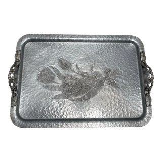 Vintage 1940s Tulip Etched Metal Serving Tray For Sale