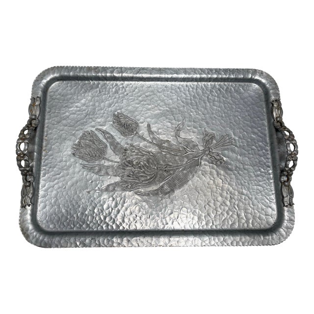 Vintage 1940s Tulip Etched Metal Serving Tray For Sale