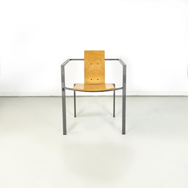 German modern Squared chair in wood and metal by Karl-Friedrich Foster KKF, 1980s Dining chair with squared seat and back...