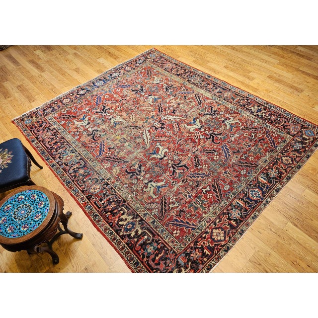 Textile Antique Persian Heriz Serapi Rug, Hand-Knotted Wool, All-Over Geometric Pattern, Brick & Navy, 8x9 For Sale - Image 7 of 15