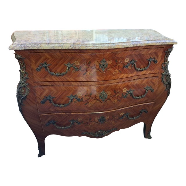 Louis XV Bombé Commode in Marquetry Opening with Three Drawers on the Front, 1890s For Sale