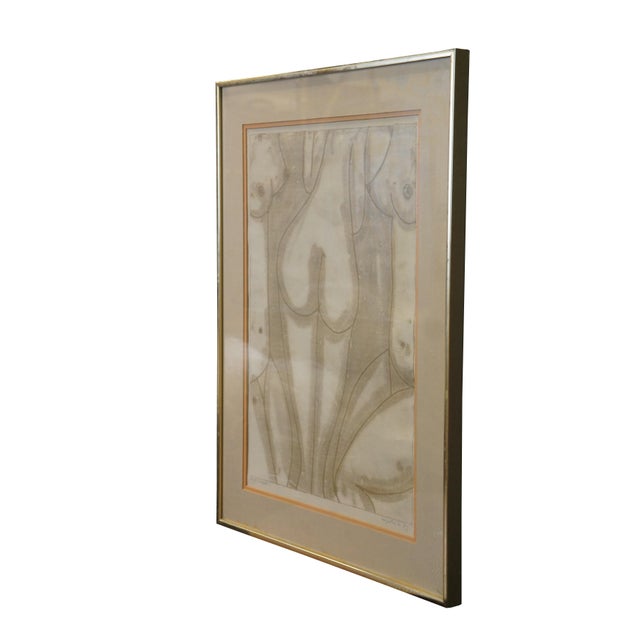 Mid to late 20th century lithograph print titled "3 Nude." Depicts a sepia toned tableau of three stylized nude female...