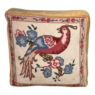 Mid Century Peacock Pattern Square Needlepoint Pillow For Sale