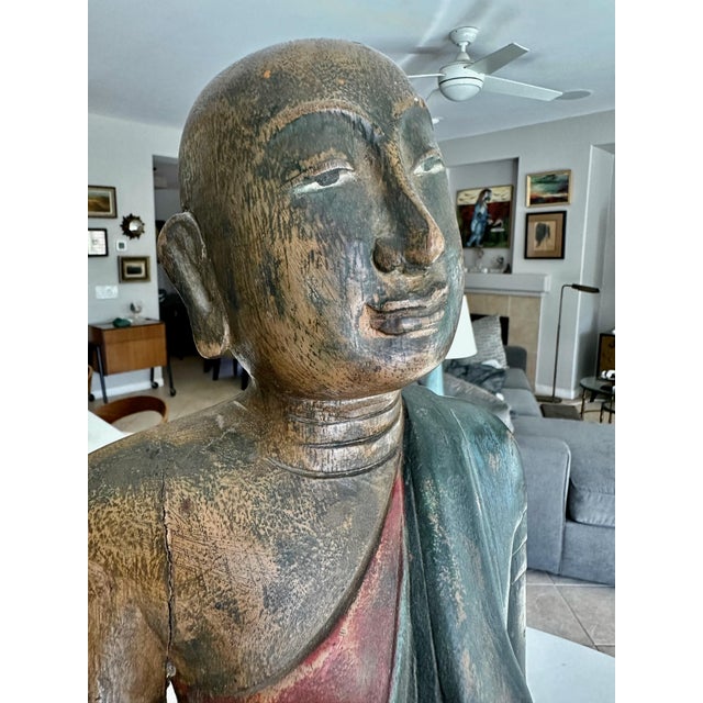 Antique Burmese Buddhist Monk Polychrome Wood Carving Statue For Sale - Image 10 of 18