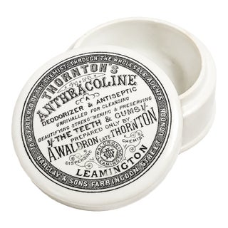 19th Century Nice Large Thornton's Anthracoline Toothpaste Porcelain Lidded Jar Advertising Bathroom Vanity Home Decor For Sale