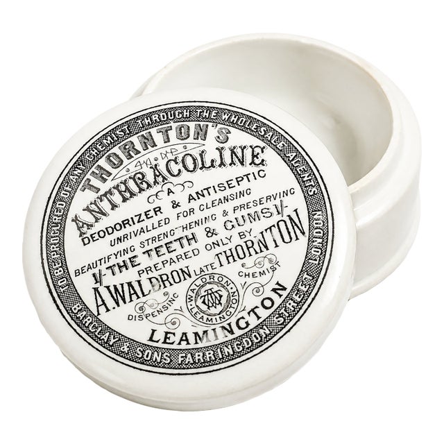 19th Century Nice Large Thornton's Anthracoline Toothpaste Porcelain Lidded Jar Advertising Bathroom Vanity Home Decor For Sale