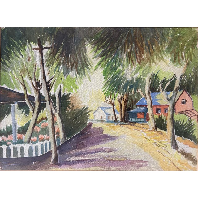 Vintage Original Large Framed Watercolor of a Beach Town Street Scene For Sale - Image 4 of 6