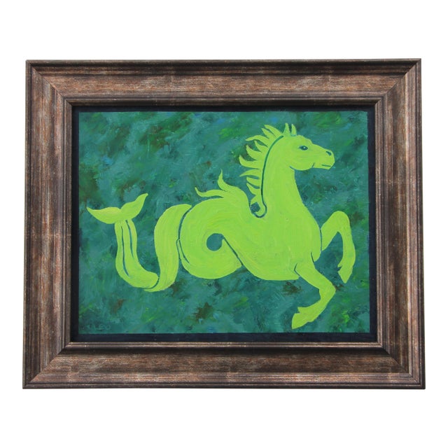 Sea Horse Roman Classical Mythology Minimalist Expressionism Coastal Green Original Oil Painting by Cleo Plowden For Sale