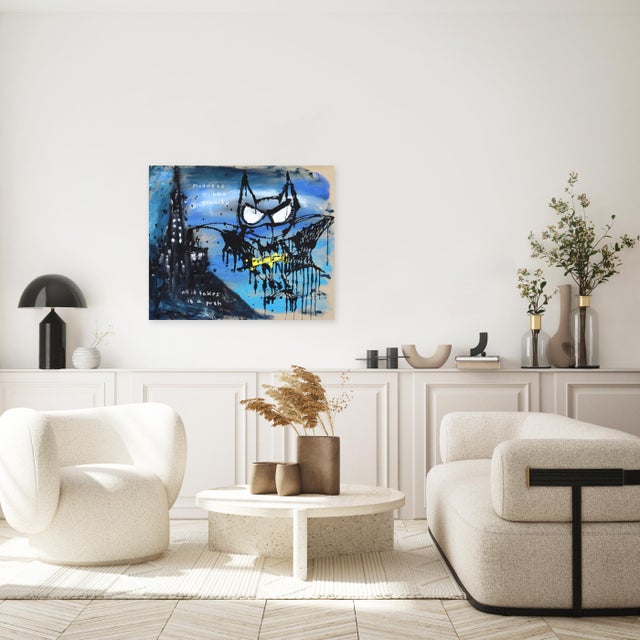 Raised by Shadows - Original Blue Urban Pop Art Acrylic and Oil Stick Painting on Canvas For Sale - Image 4 of 8